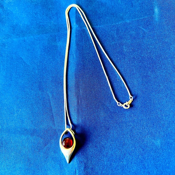 Baltic Amber Pendant Necklace Open Backed Teardrop 18” Chain .925 Silver EUC - Picture 1 of 12